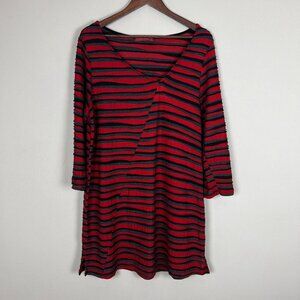Cut Loose Tunic Top Womens Large Red‎ Gray Stripe 3/4 Sleeve V-Neck Lagenlook L